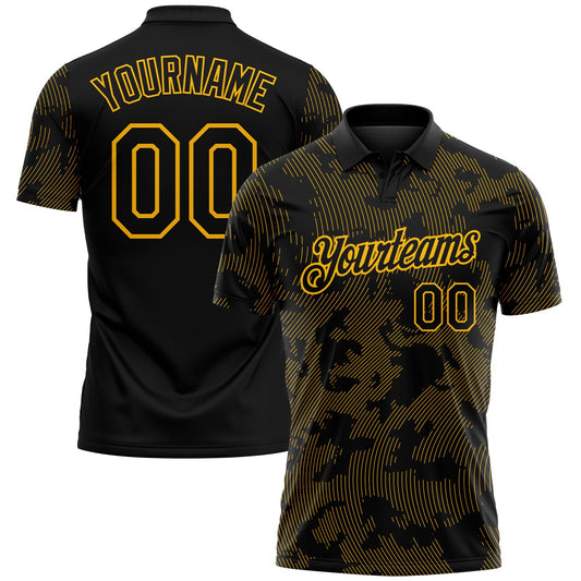 Custom Black-Gold 3D Pattern Abstract Fluid Line Performance Polo Shirt - Main View