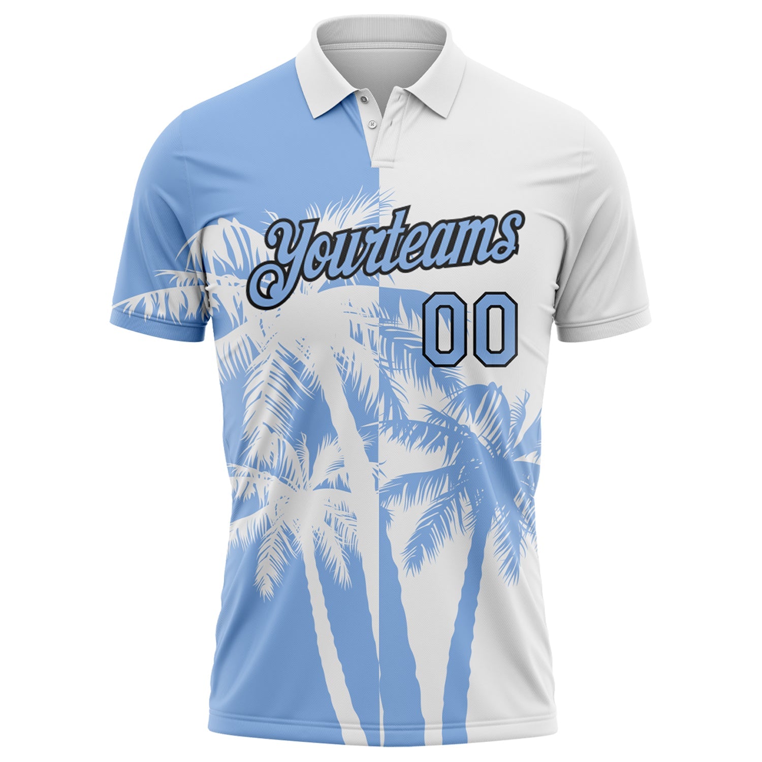 Custom White Light Blue-Black Hawaii Tropical Coastal Palm Trees Performance Polo Shirt view 2