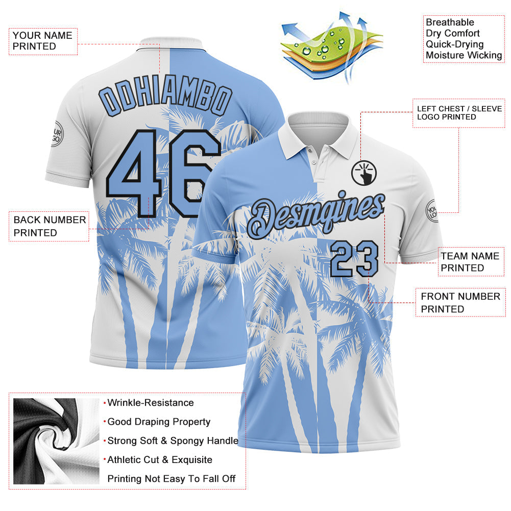 Custom White Light Blue-Black Hawaii Tropical Coastal Palm Trees Performance Polo Shirt view 3