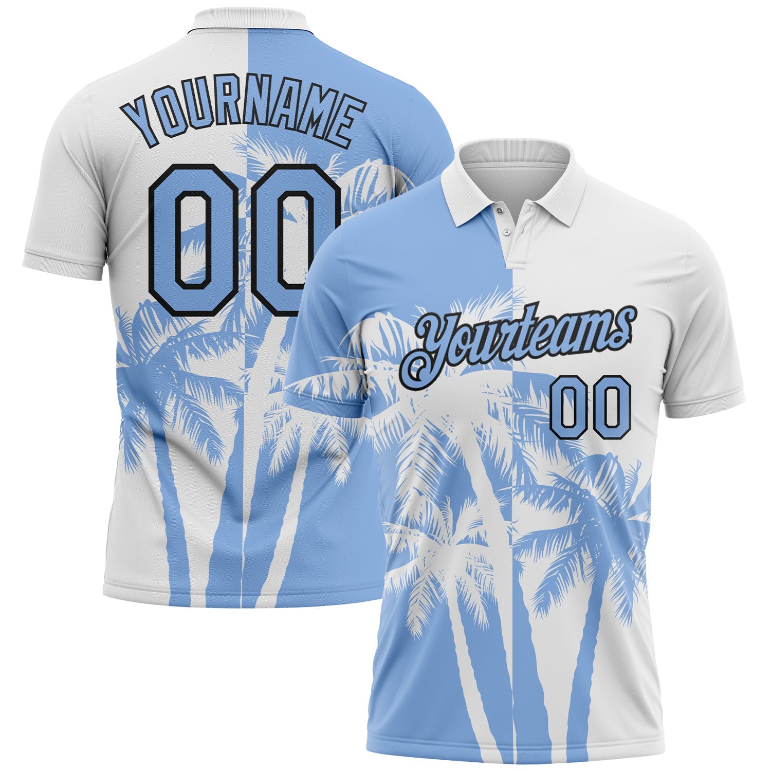 Custom White Light Blue-Black Hawaii Tropical Coastal Palm Trees Performance Polo Shirt - Main View