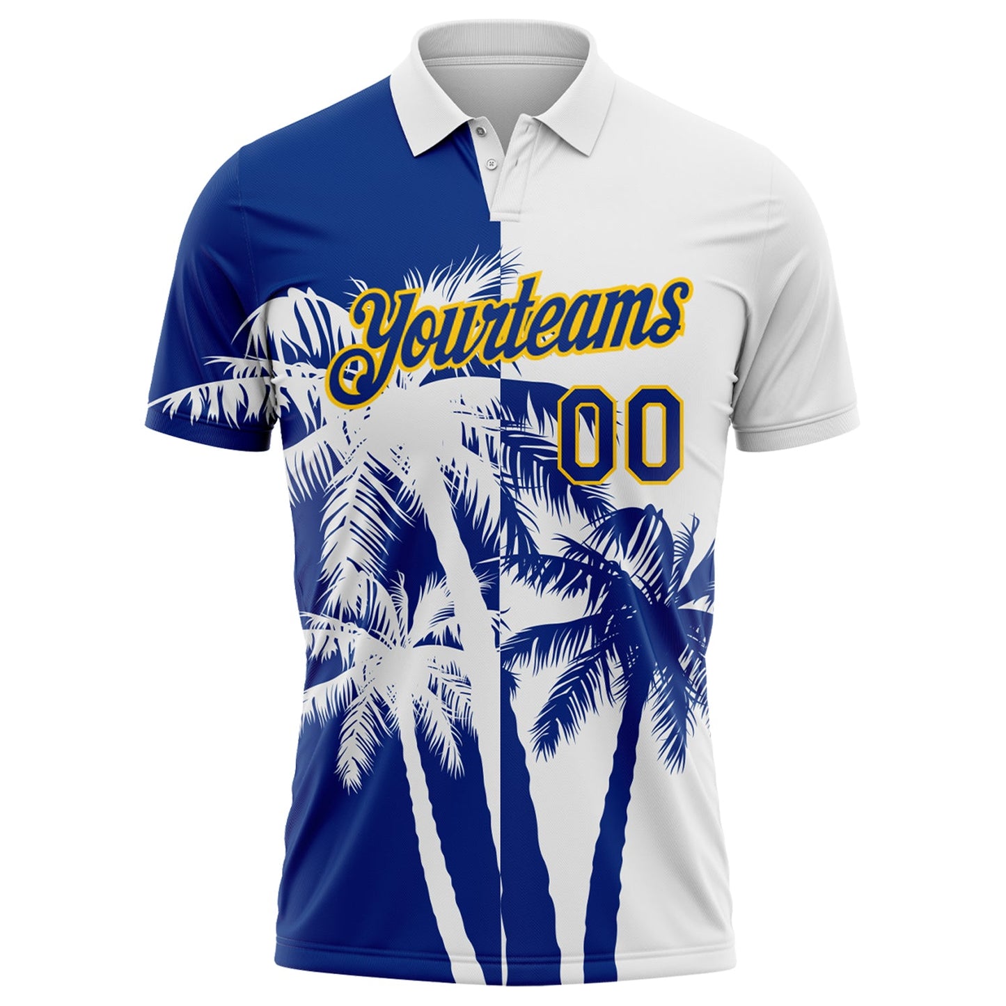 Custom White Royal-Yellow Hawaii Tropical Coastal Palm Trees Performance Polo Shirt view 2