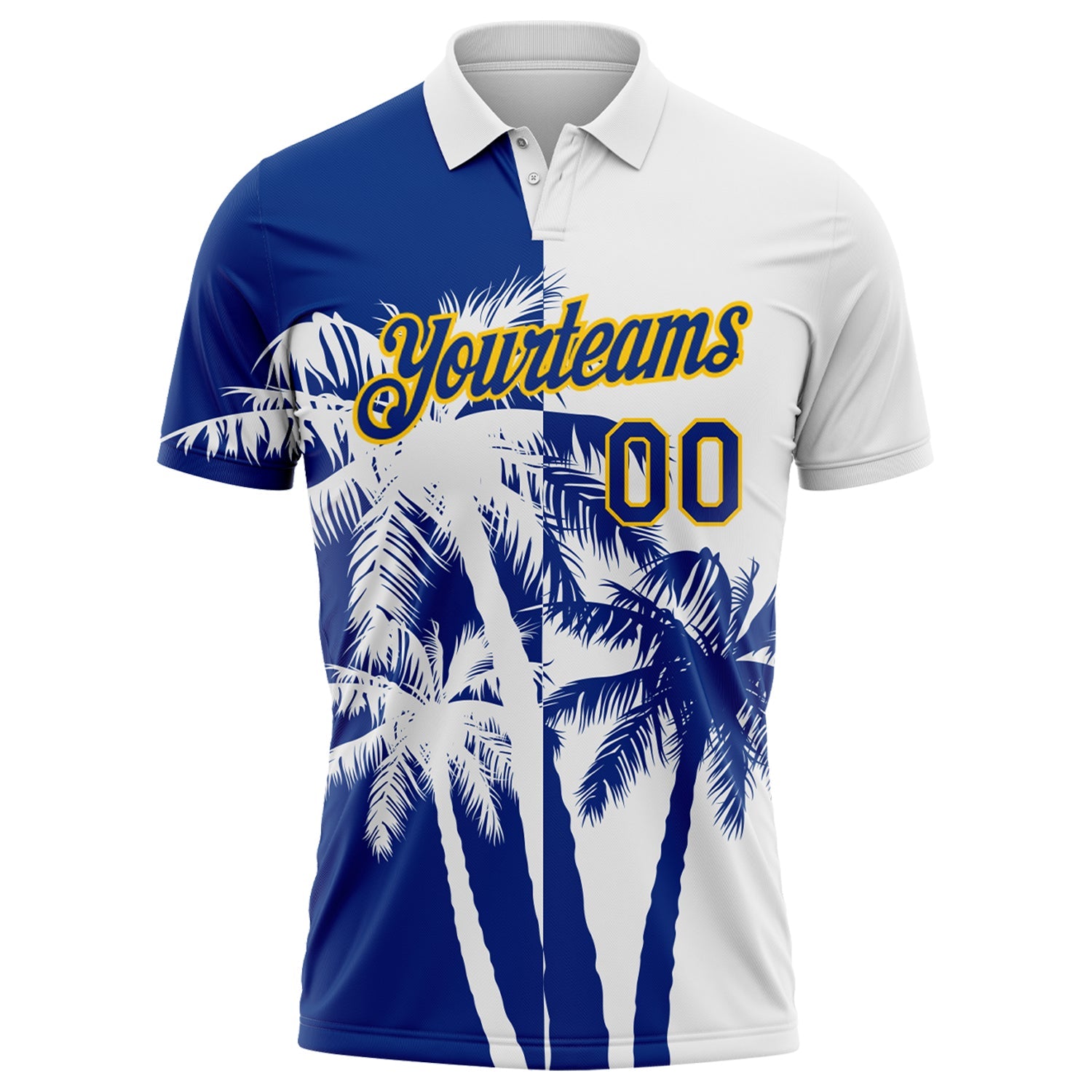 Custom White Royal-Yellow Hawaii Tropical Coastal Palm Trees Performance Polo Shirt view 2