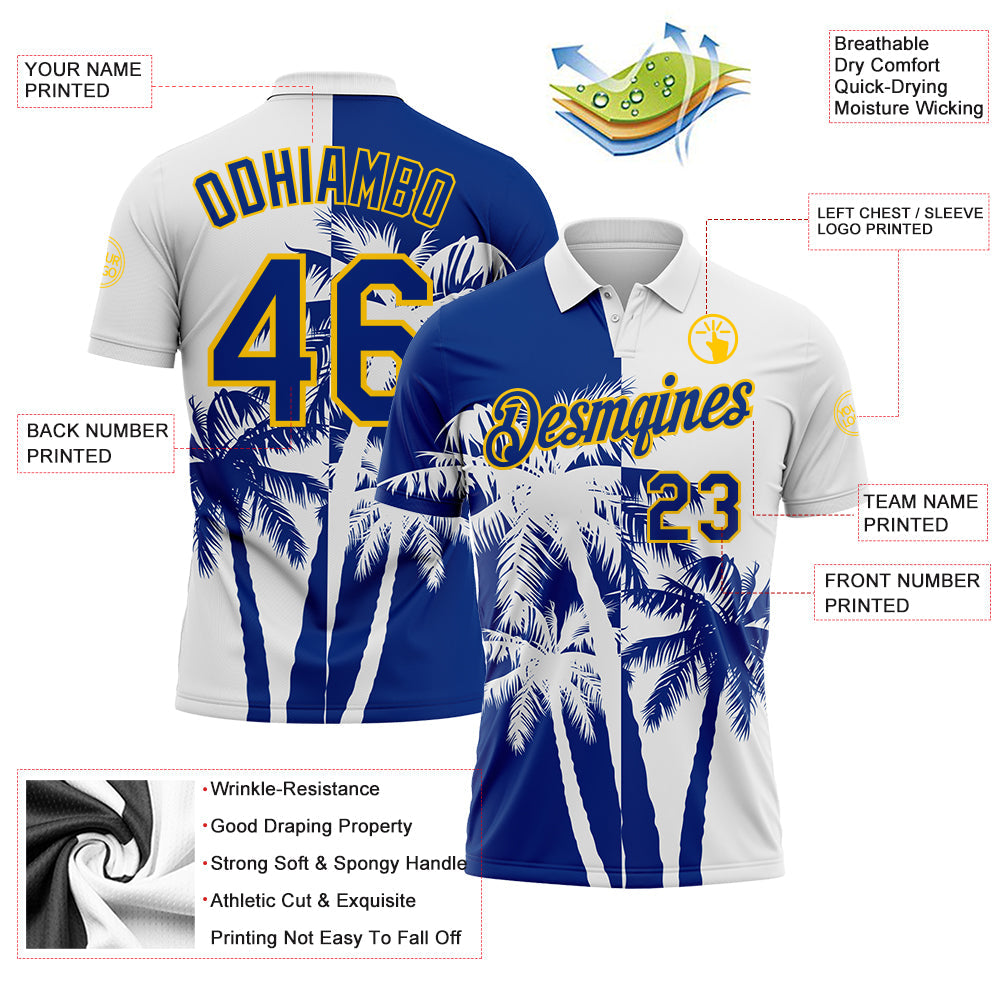 Custom White Royal-Yellow Hawaii Tropical Coastal Palm Trees Performance Polo Shirt view 3