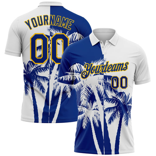 Custom White Royal-Yellow Hawaii Tropical Coastal Palm Trees Performance Polo Shirt - Main View