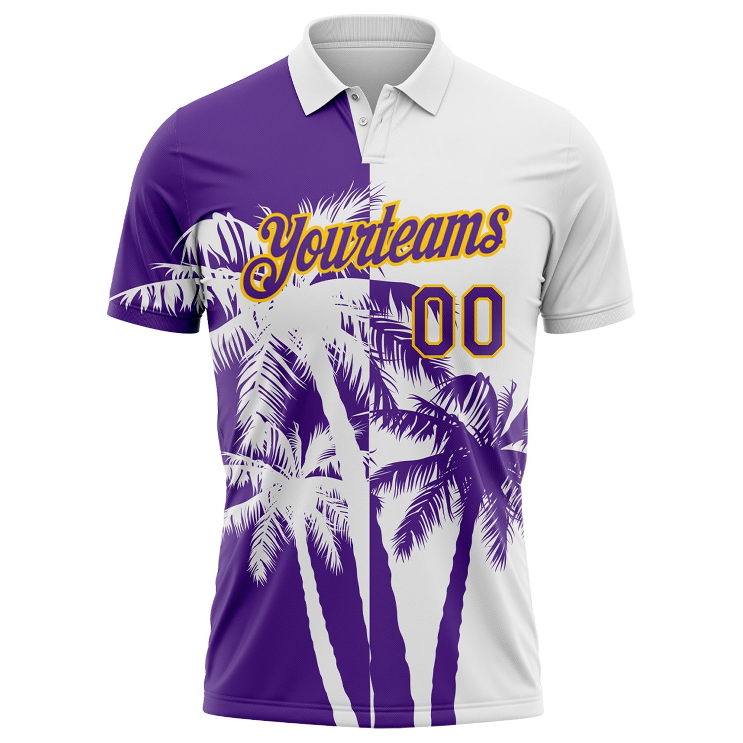 Custom White Purple-Yellow Hawaii Tropical Coastal Palm Trees Performance Polo Shirt view 2