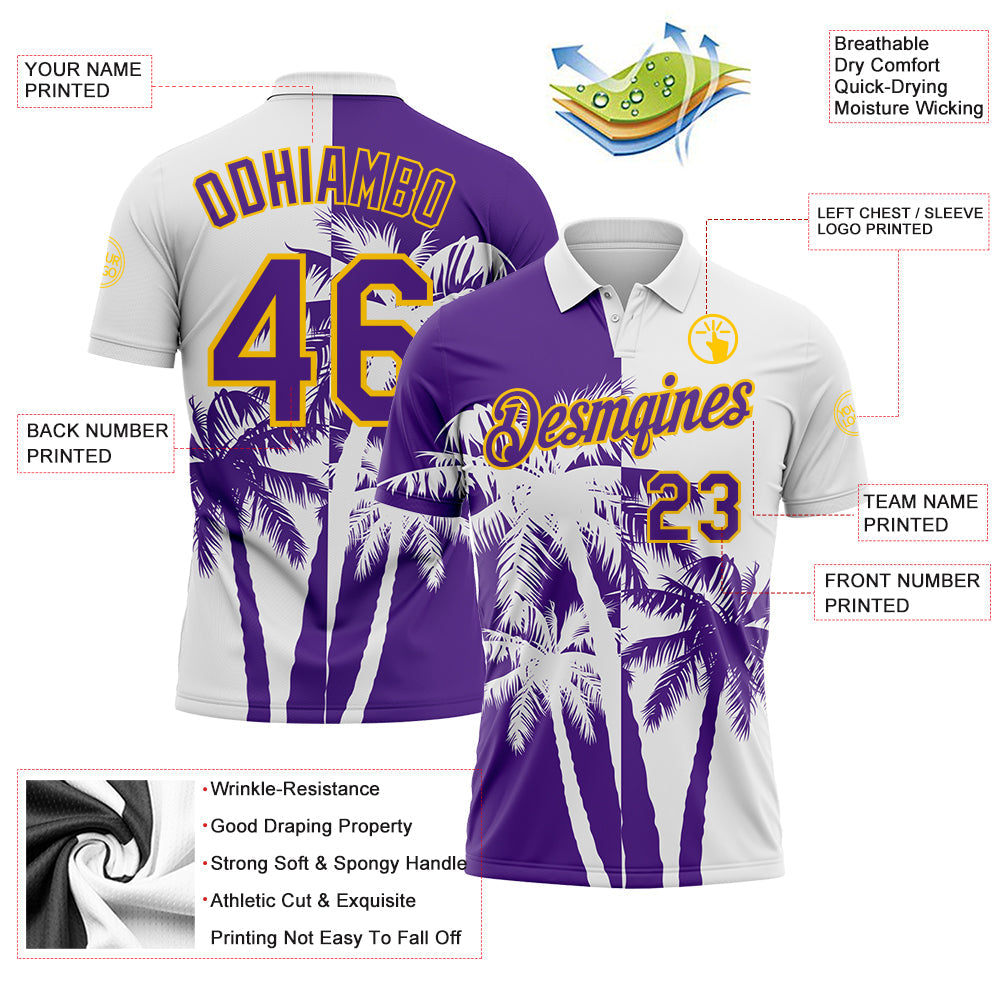 Custom White Purple-Yellow Hawaii Tropical Coastal Palm Trees Performance Polo Shirt view 3
