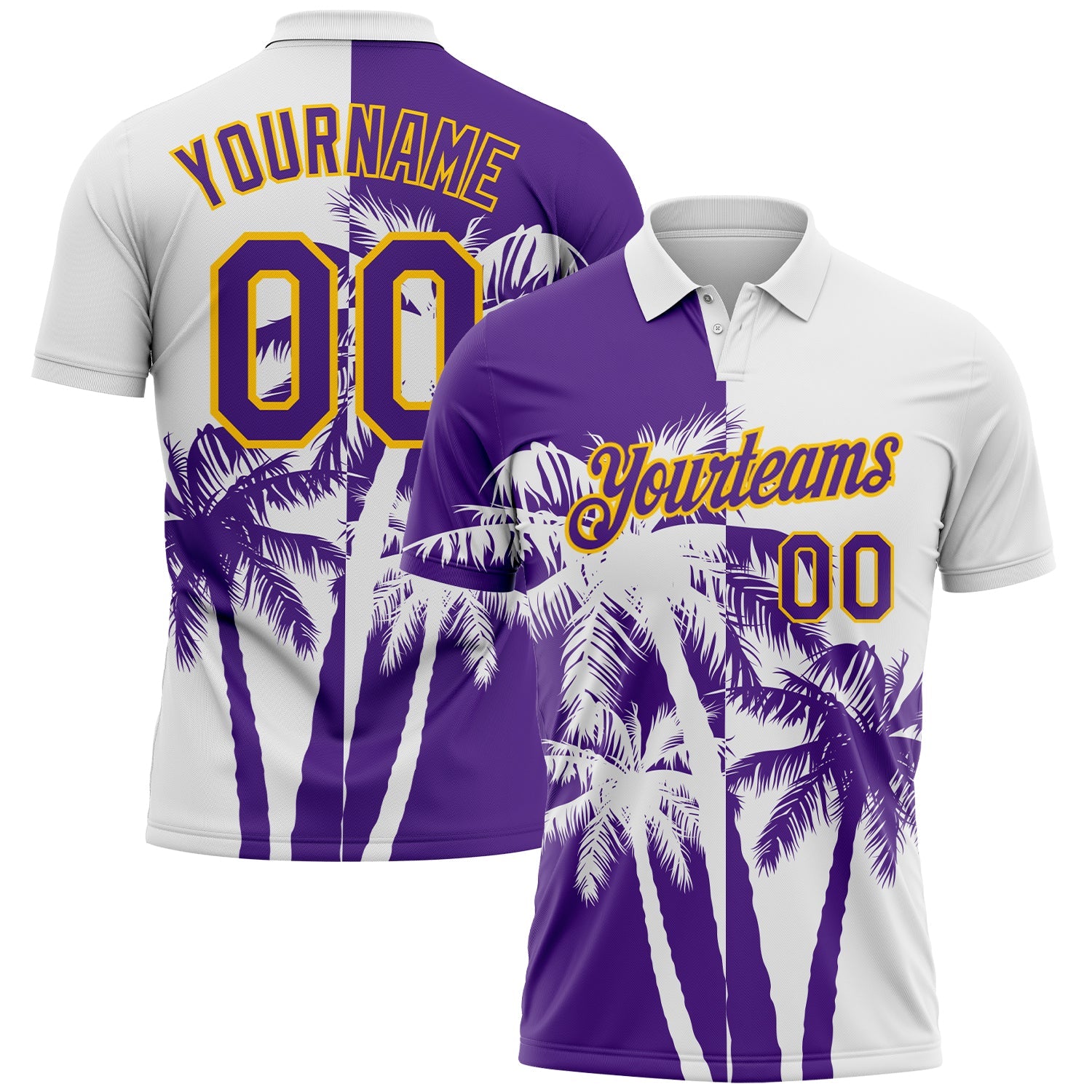 Custom White Purple-Yellow Hawaii Tropical Coastal Palm Trees Performance Polo Shirt - Main View