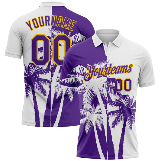 Custom White Purple-Yellow Hawaii Tropical Coastal Palm Trees Performance Polo Shirt - Main View
