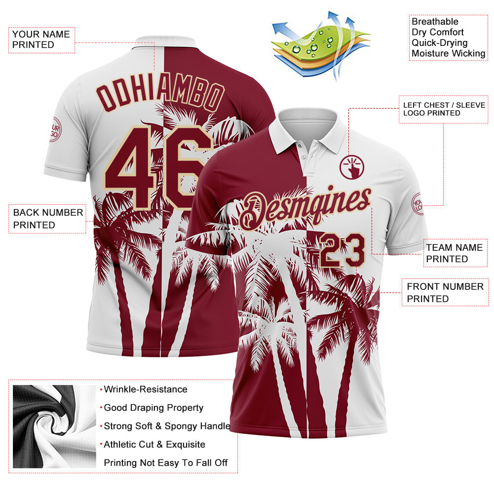 Custom White Crimson-Cream Hawaii Tropical Coastal Palm Trees Performance Polo Shirt view 3