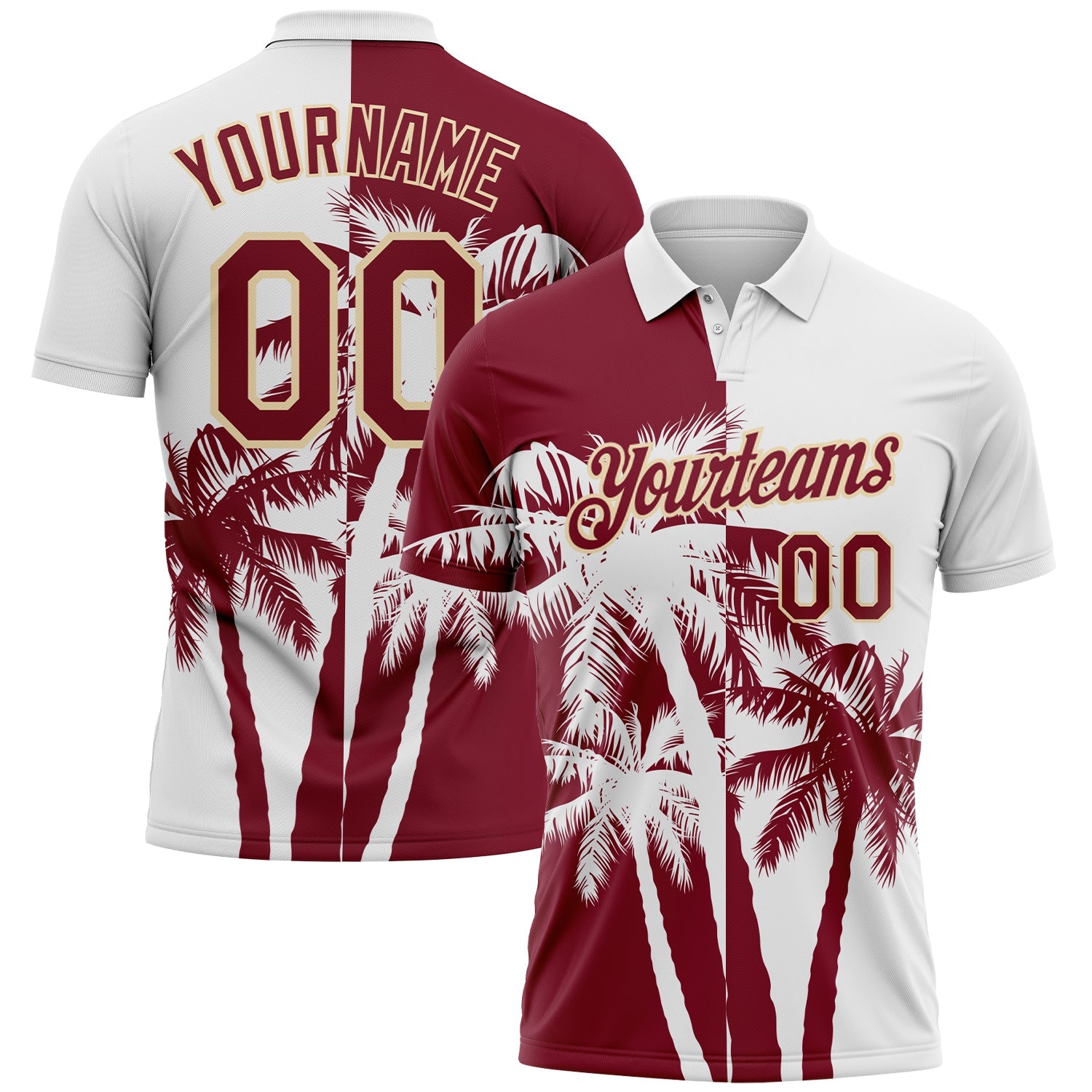 Custom White Crimson-Cream Hawaii Tropical Coastal Palm Trees Performance Polo Shirt - Main View