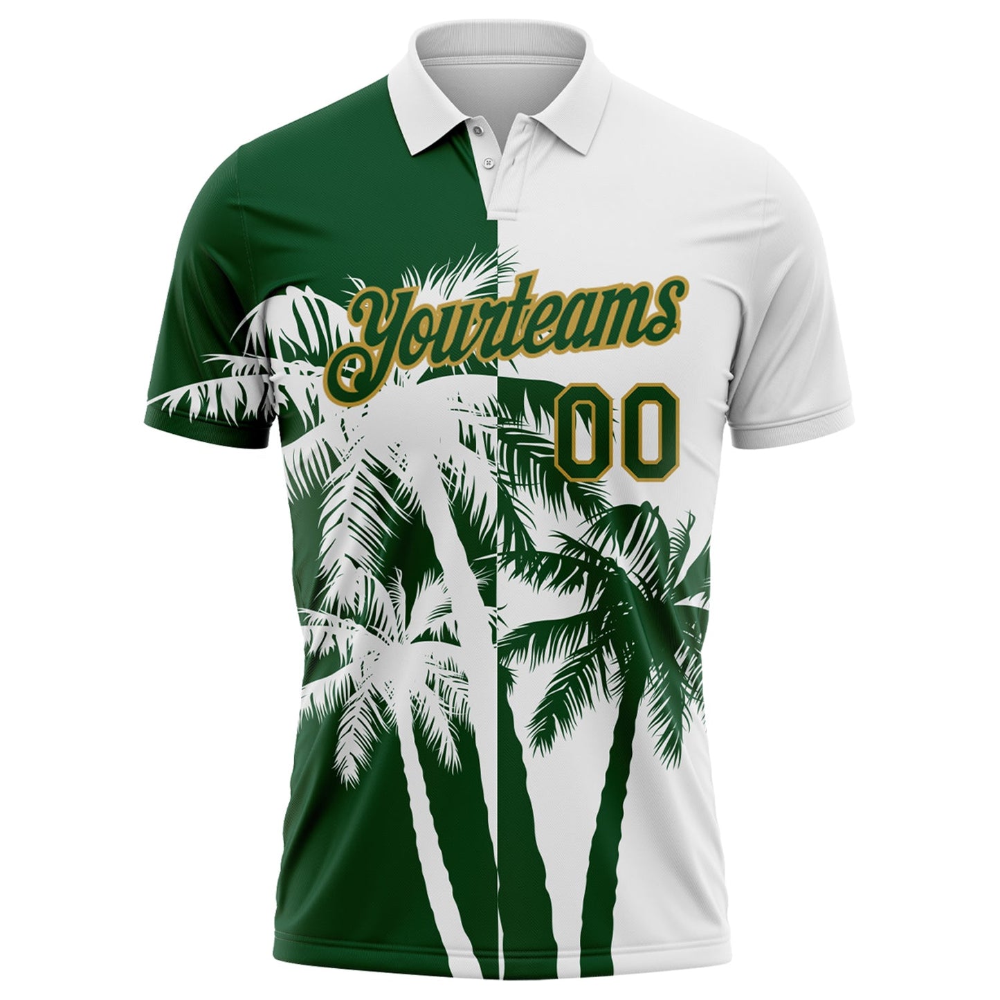 Custom White Green-Old Gold Hawaii Tropical Coastal Palm Trees Performance Polo Shirt view 2
