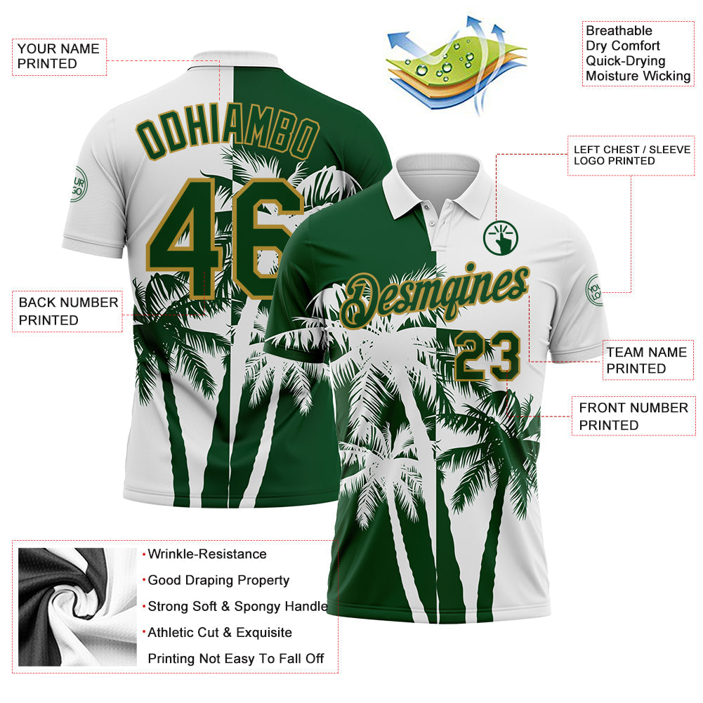 Custom White Green-Old Gold Hawaii Tropical Coastal Palm Trees Performance Polo Shirt view 3