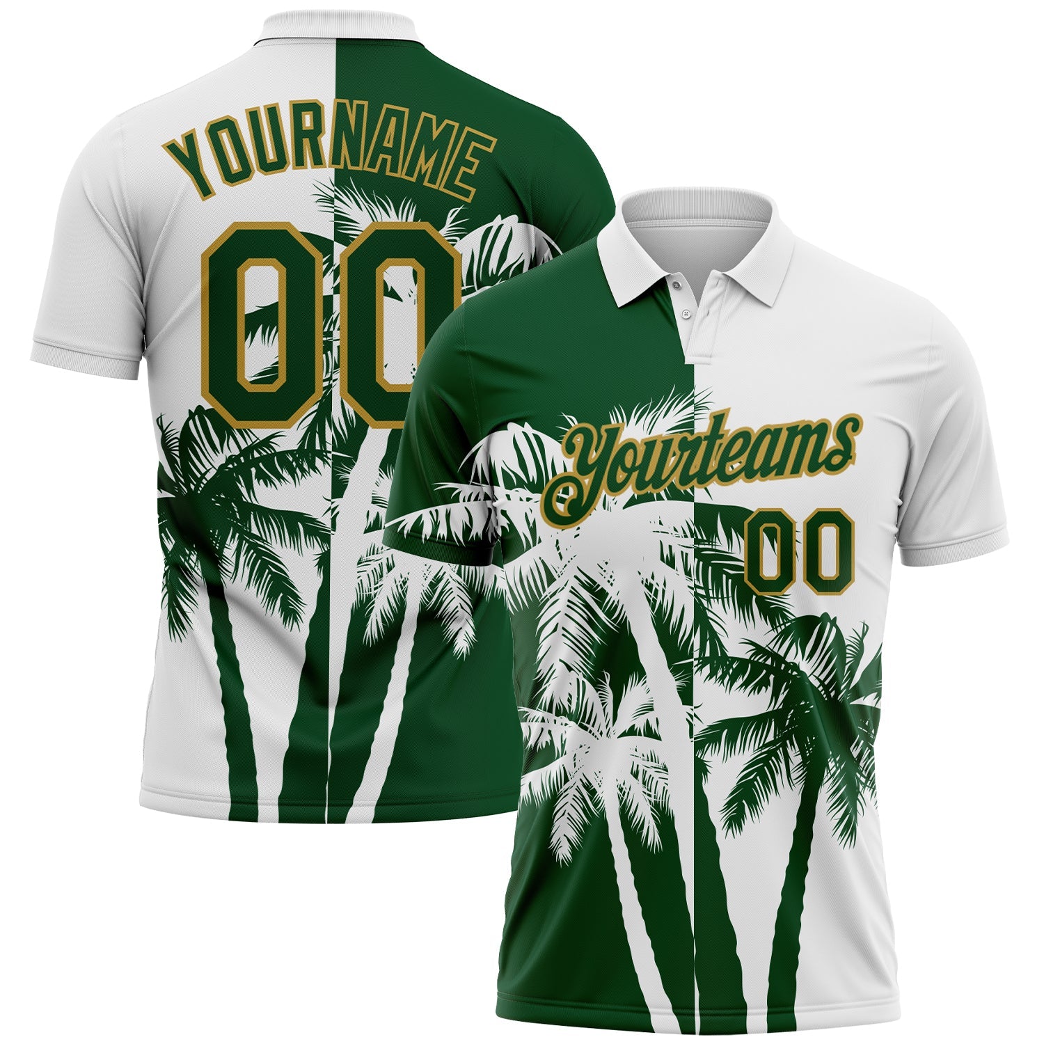 Custom White Green-Old Gold Hawaii Tropical Coastal Palm Trees Performance Polo Shirt - Main View