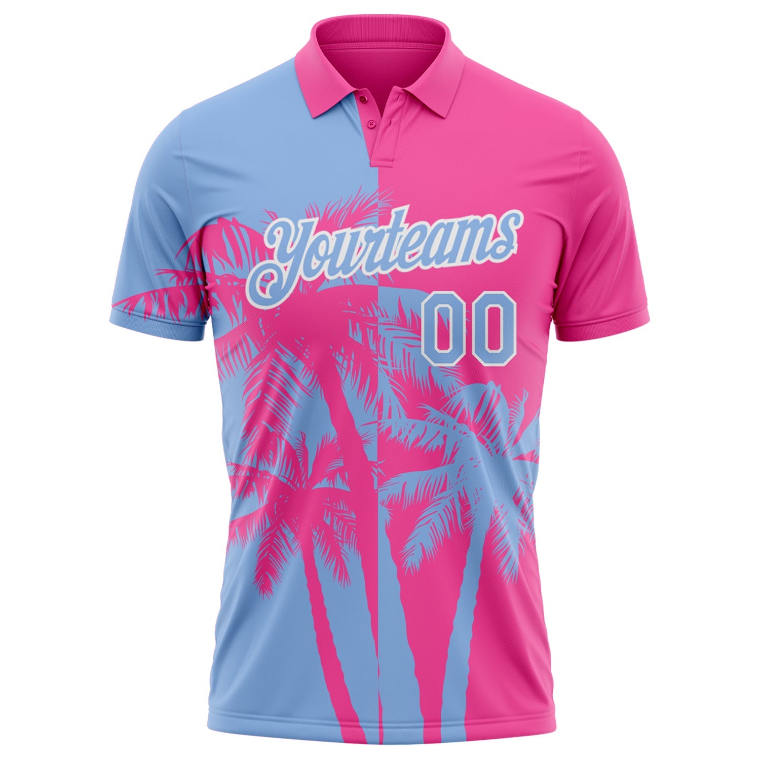 Custom Pink Light Blue-White Hawaii Tropical Coastal Palm Trees Performance Polo Shirt view 2