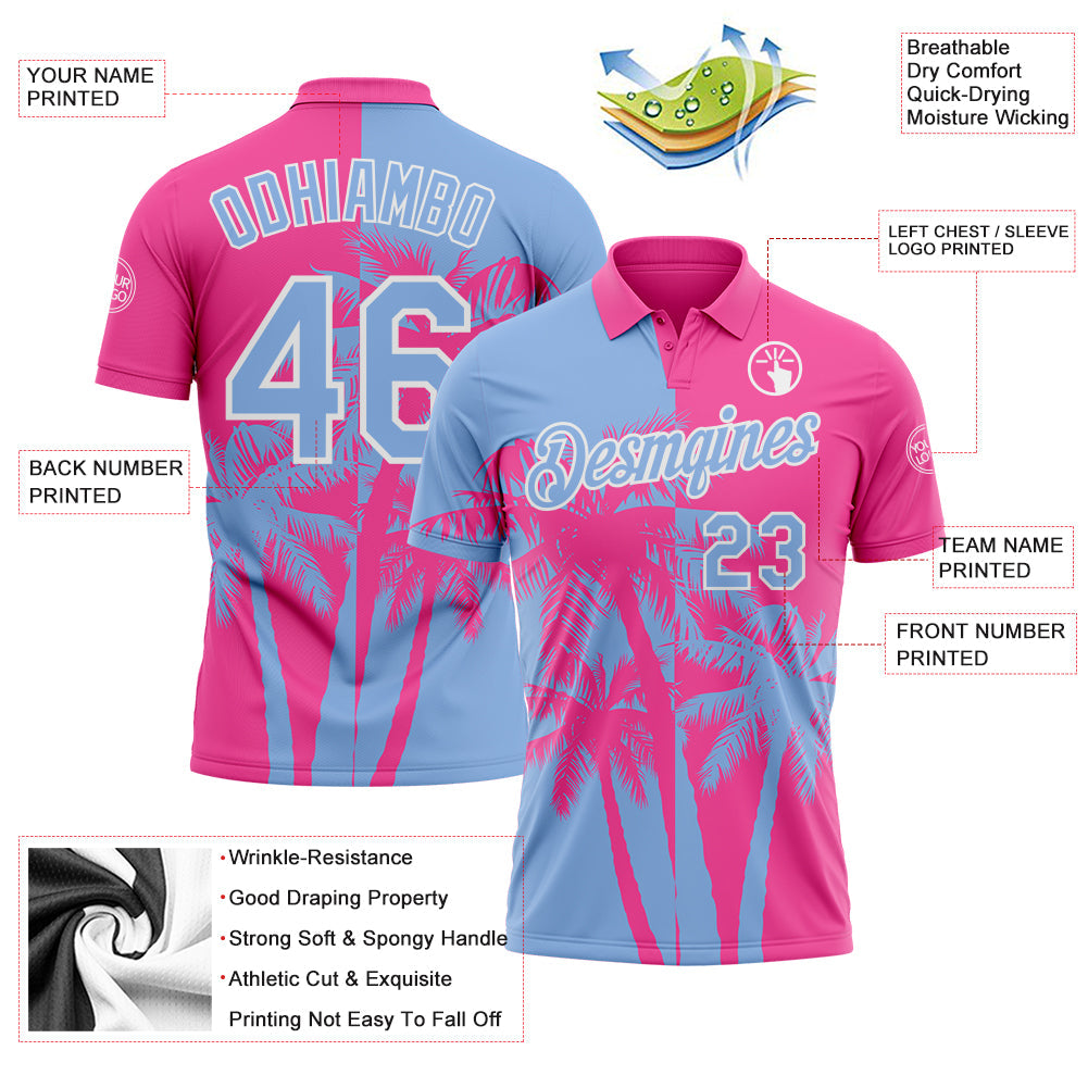Custom Pink Light Blue-White Hawaii Tropical Coastal Palm Trees Performance Polo Shirt view 3