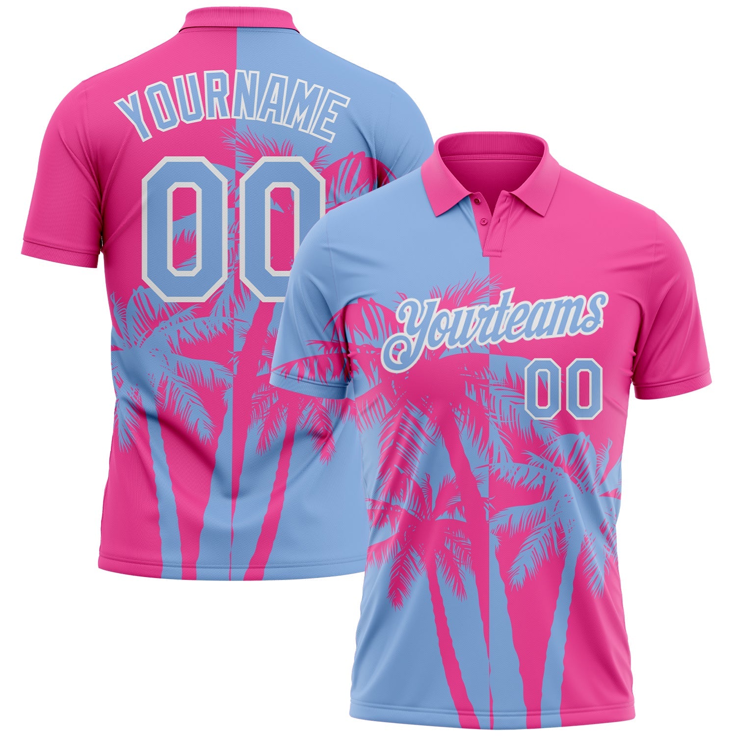 Custom Pink Light Blue-White Hawaii Tropical Coastal Palm Trees Performance Polo Shirt - Main View