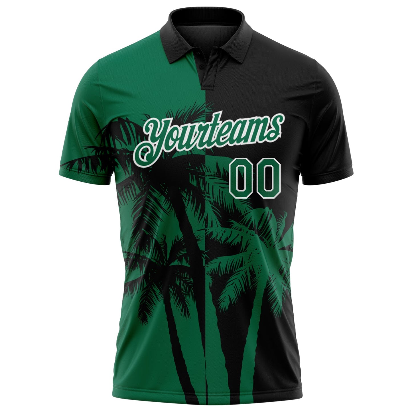 Custom Black Kelly Green-White Hawaii Tropical Coastal Palm Trees Performance Polo Shirt view 2