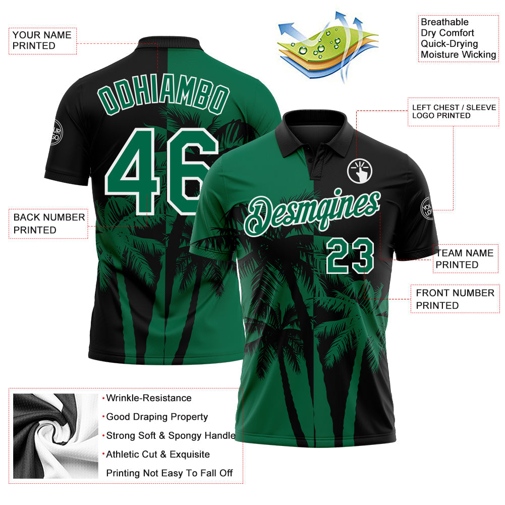 Custom Black Kelly Green-White Hawaii Tropical Coastal Palm Trees Performance Polo Shirt view 3