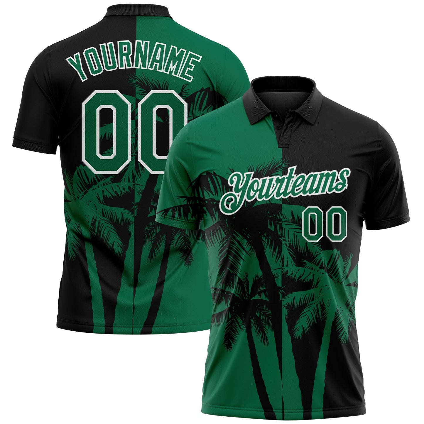 Custom Black Kelly Green-White Hawaii Tropical Coastal Palm Trees Performance Polo Shirt - Main View