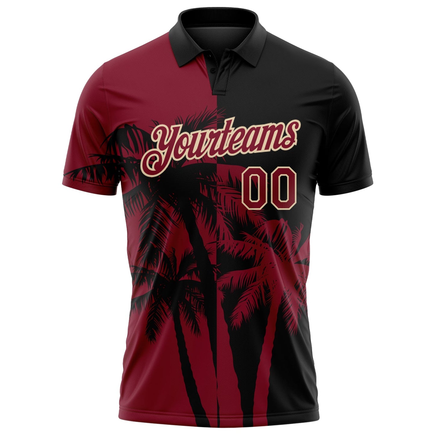 Custom Black Crimson-City Cream Hawaii Tropical Coastal Palm Trees Performance Polo Shirt view 2