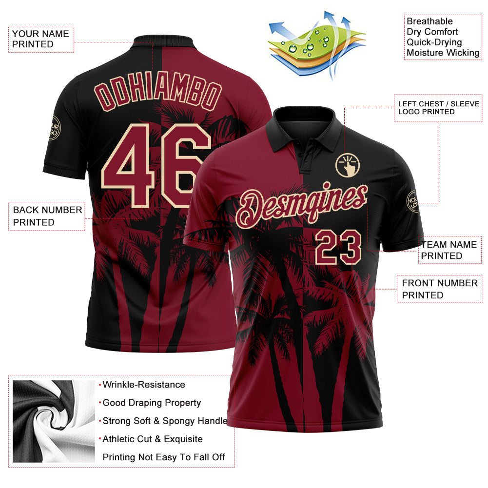 Custom Black Crimson-City Cream Hawaii Tropical Coastal Palm Trees Performance Polo Shirt view 3