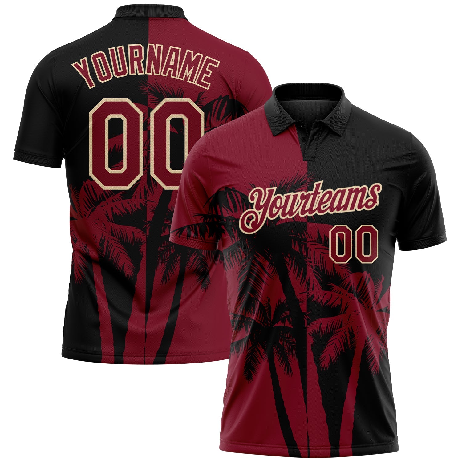 Custom Black Crimson-City Cream Hawaii Tropical Coastal Palm Trees Performance Polo Shirt - Main View
