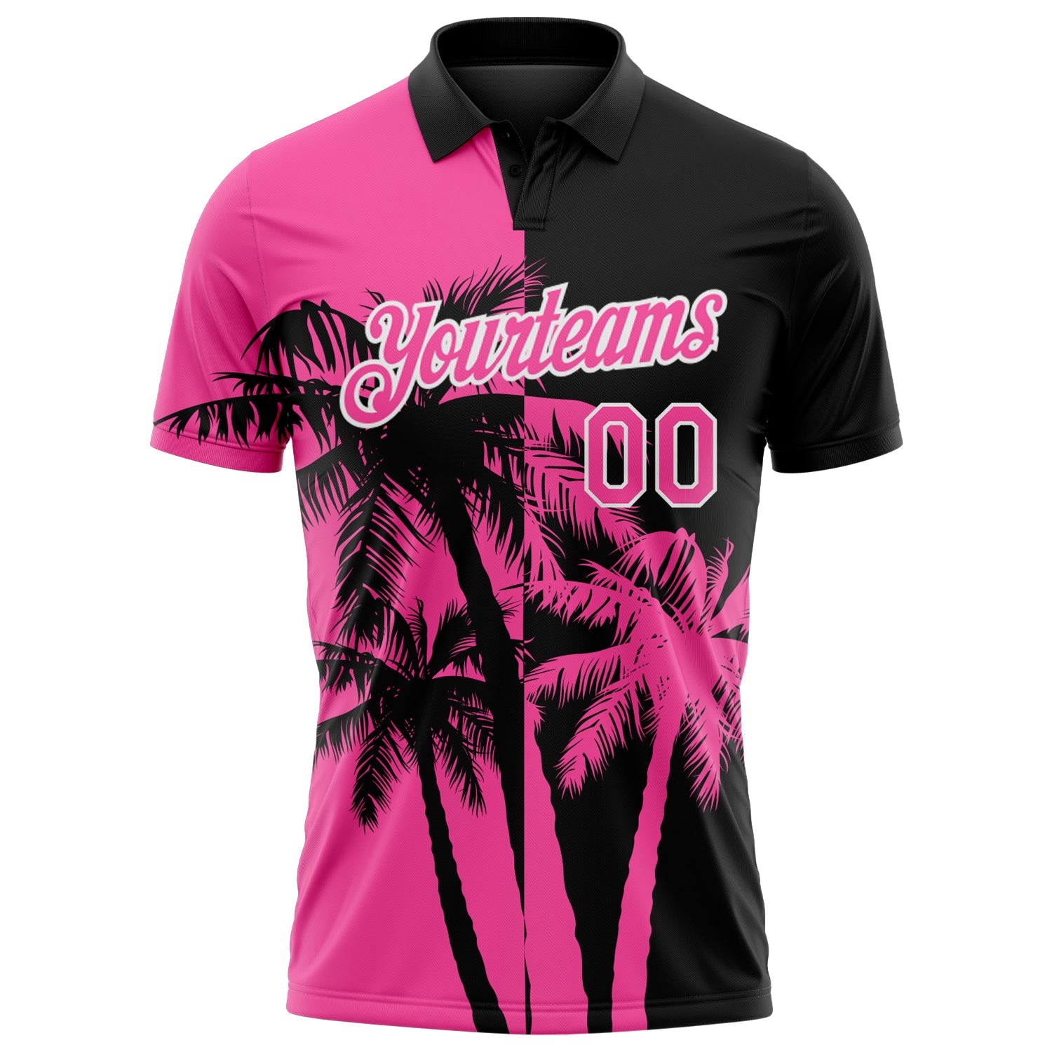 Custom Black Pink-White Hawaii Tropical Coastal Palm Trees Performance Polo Shirt view 2
