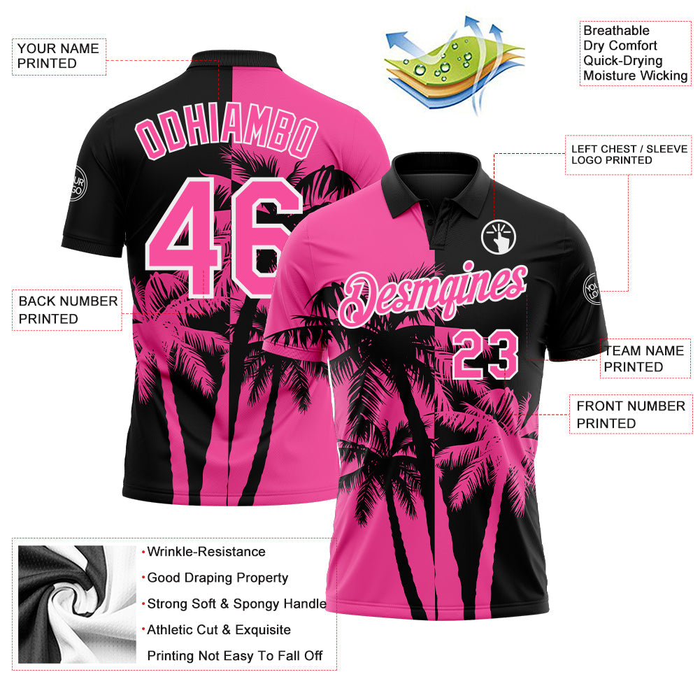 Custom Black Pink-White Hawaii Tropical Coastal Palm Trees Performance Polo Shirt view 3