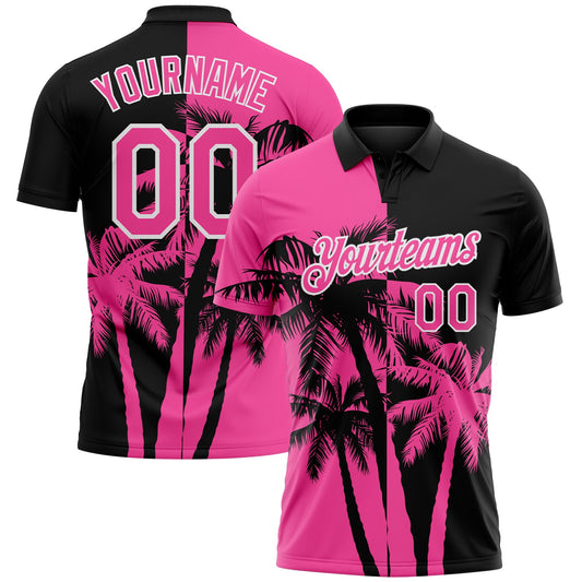 Custom Black Pink-White Hawaii Tropical Coastal Palm Trees Performance Polo Shirt - Main View