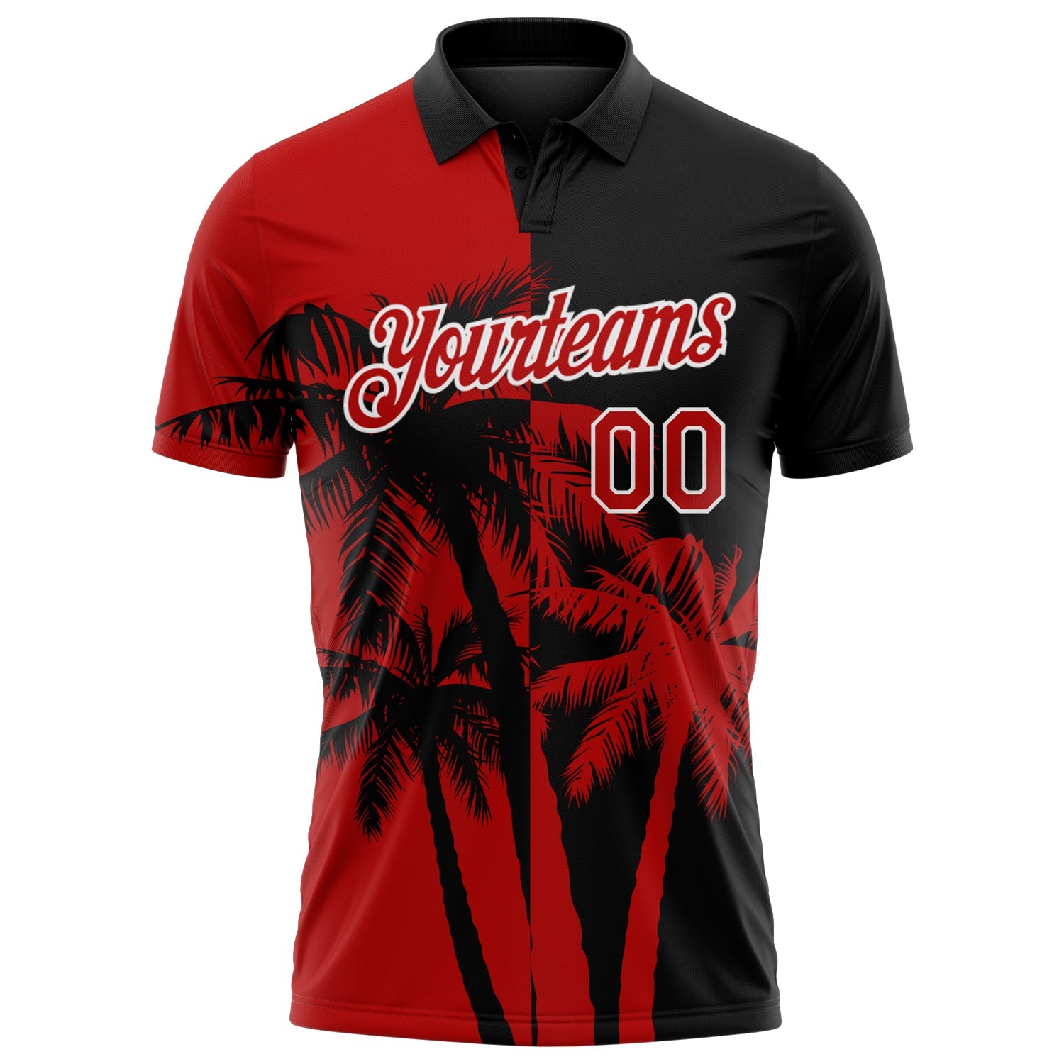 Custom Black Red-White Hawaii Tropical Coastal Palm Trees Performance Polo Shirt view 2