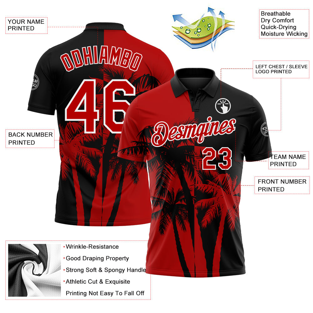 Custom Black Red-White Hawaii Tropical Coastal Palm Trees Performance Polo Shirt view 3