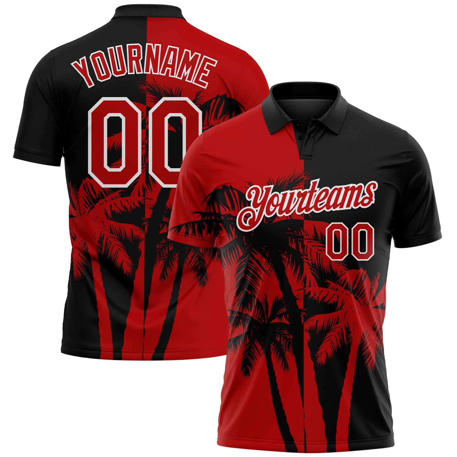 Custom Black Red-White Hawaii Tropical Coastal Palm Trees Performance Polo Shirt - Main View