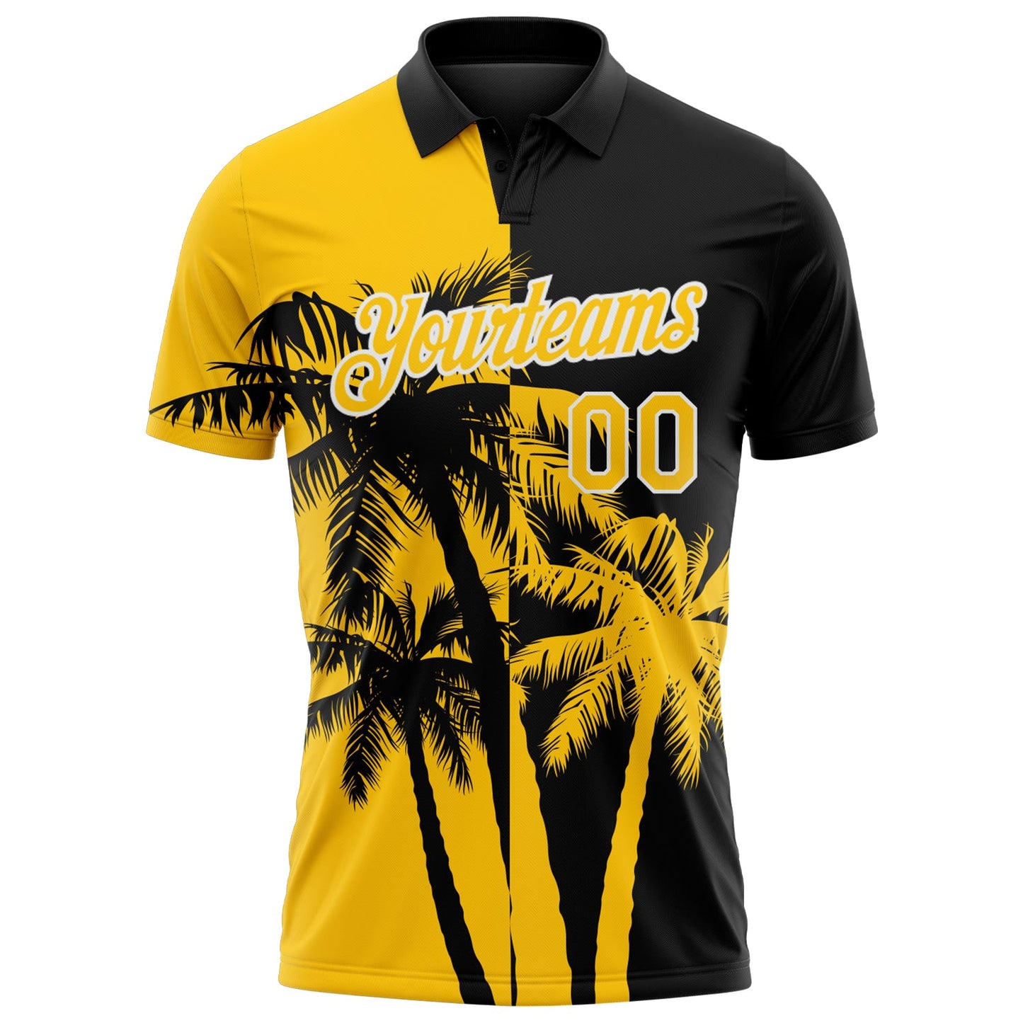 Custom Black Yellow-White Hawaii Tropical Coastal Palm Trees Performance Polo Shirt view 2