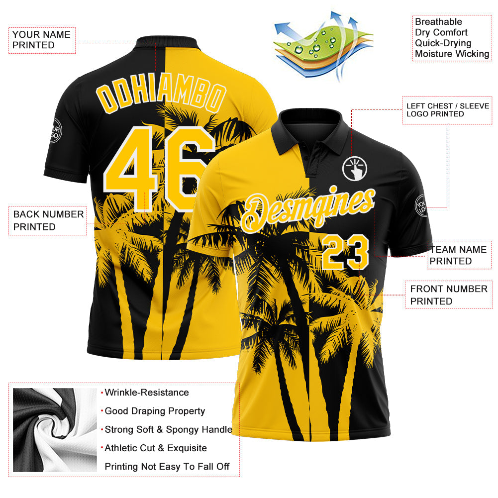 Custom Black Yellow-White Hawaii Tropical Coastal Palm Trees Performance Polo Shirt view 3