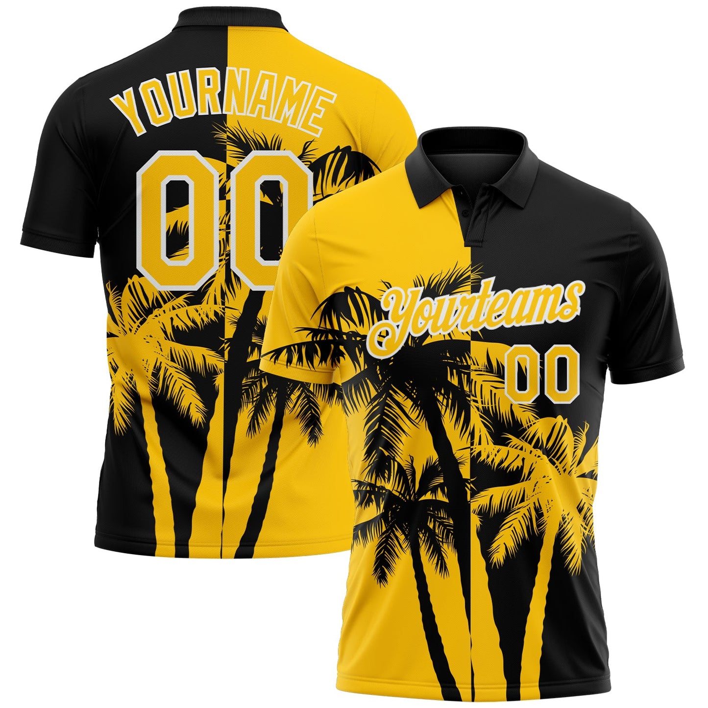 Custom Black Yellow-White Hawaii Tropical Coastal Palm Trees Performance Polo Shirt - Main View