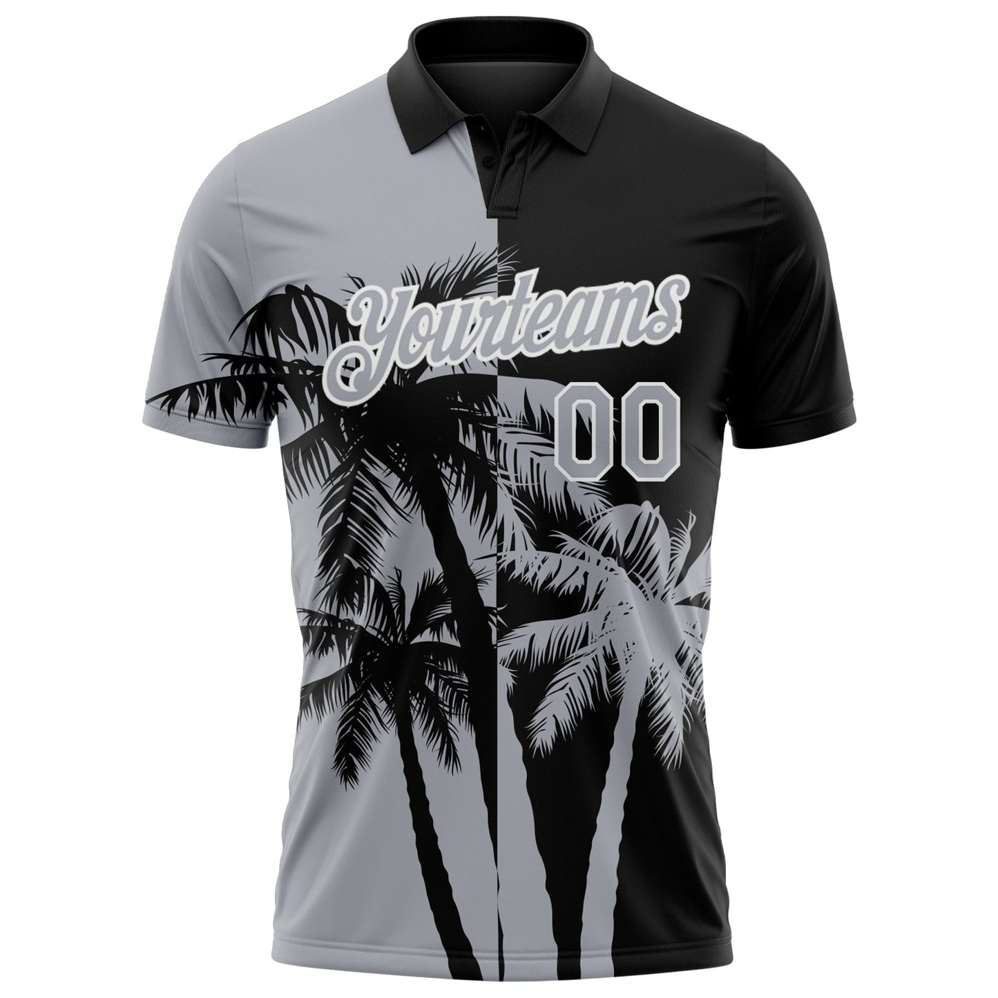 Custom Black Gray-White Hawaii Tropical Coastal Palm Trees Performance Polo Shirt view 2