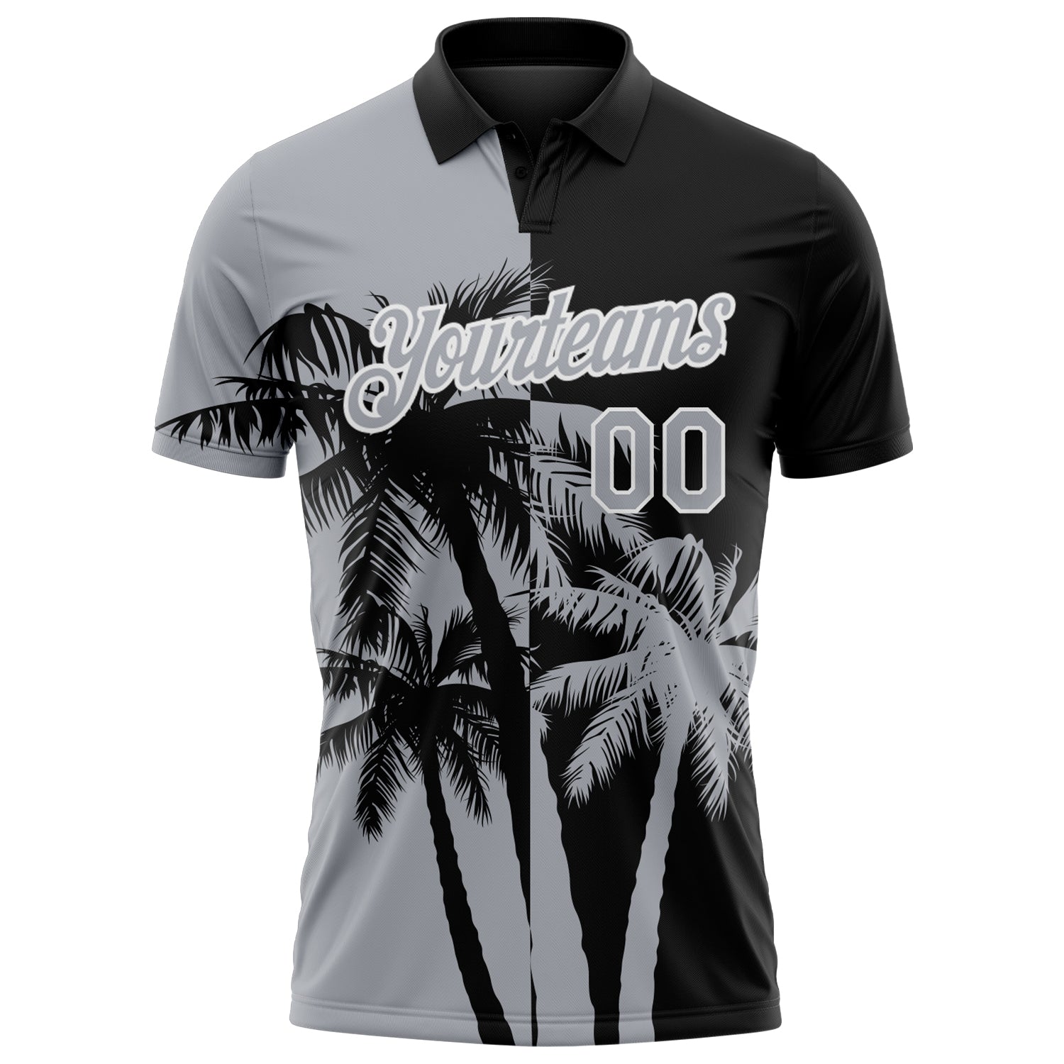Custom Black Gray-White Hawaii Tropical Coastal Palm Trees Performance Polo Shirt view 2