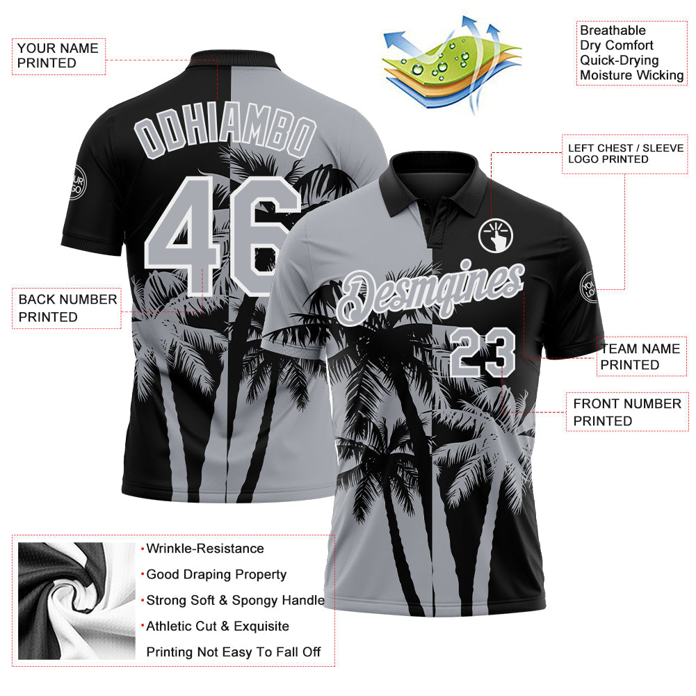 Custom Black Gray-White Hawaii Tropical Coastal Palm Trees Performance Polo Shirt view 3
