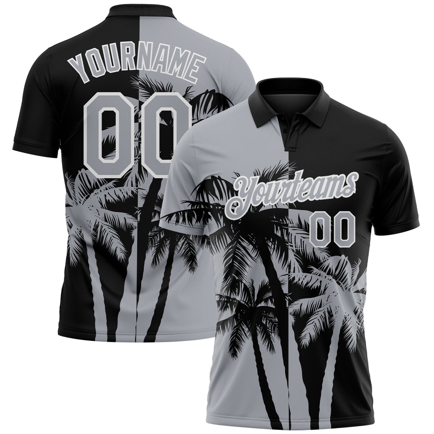 Custom Black Gray-White Hawaii Tropical Coastal Palm Trees Performance Polo Shirt - Main View