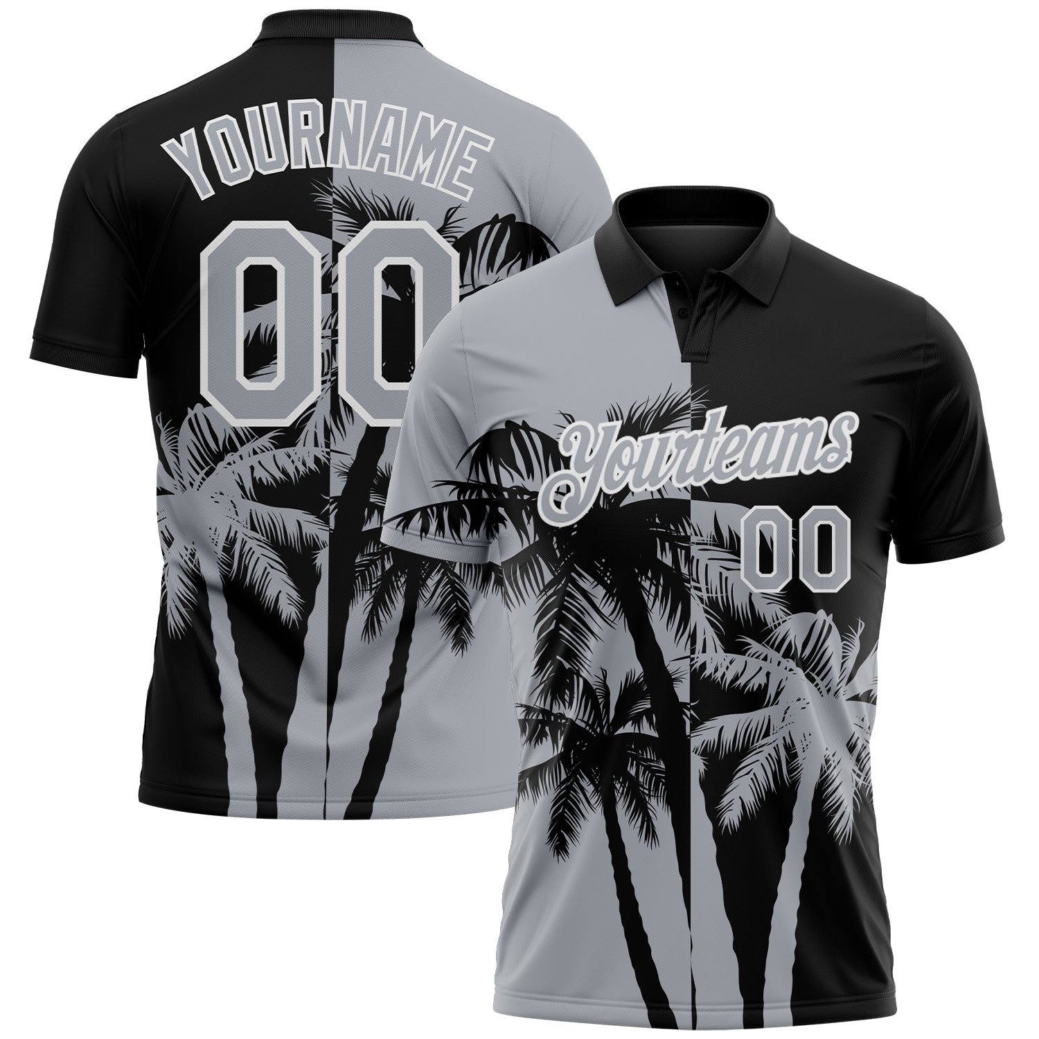 Custom Black Gray-White Hawaii Tropical Coastal Palm Trees Performance Polo Shirt - Main View