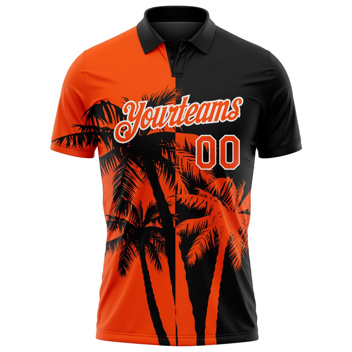 Custom Black Orange-White Hawaii Tropical Coastal Palm Trees Performance Polo Shirt view 2