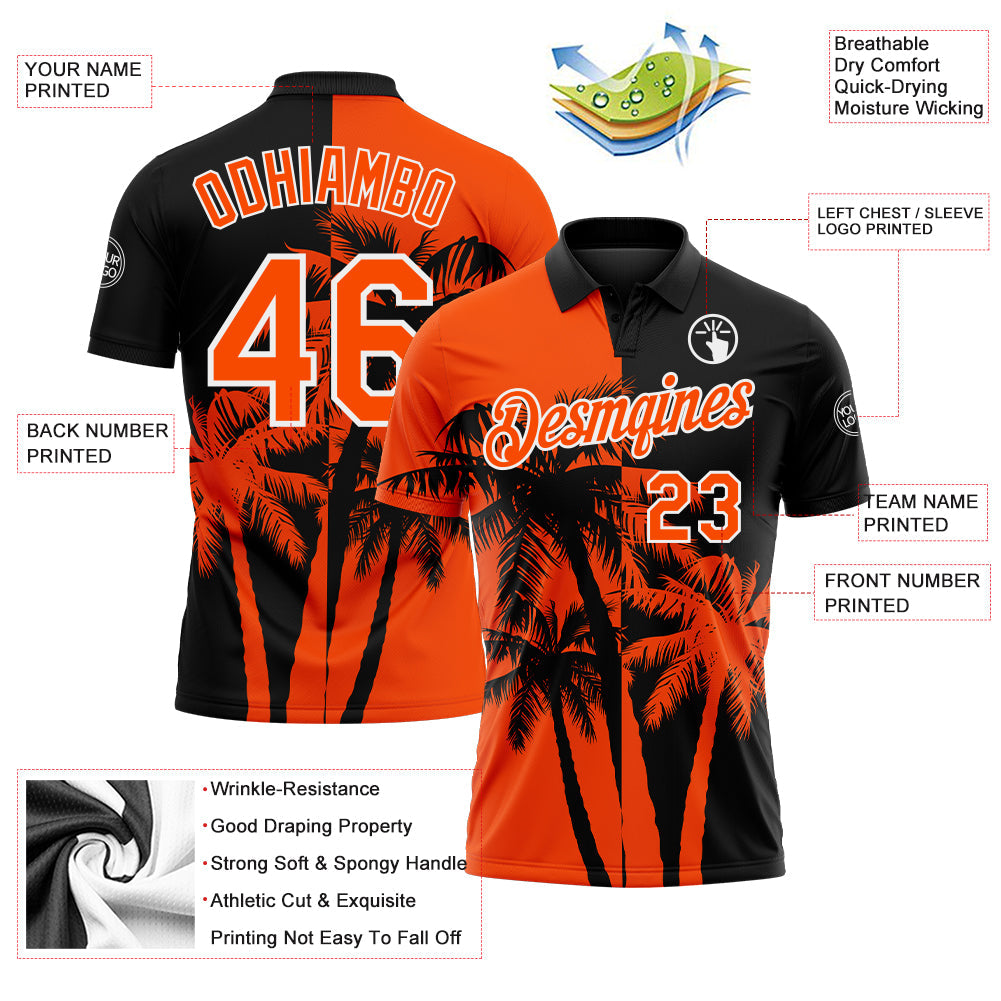Custom Black Orange-White Hawaii Tropical Coastal Palm Trees Performance Polo Shirt view 3