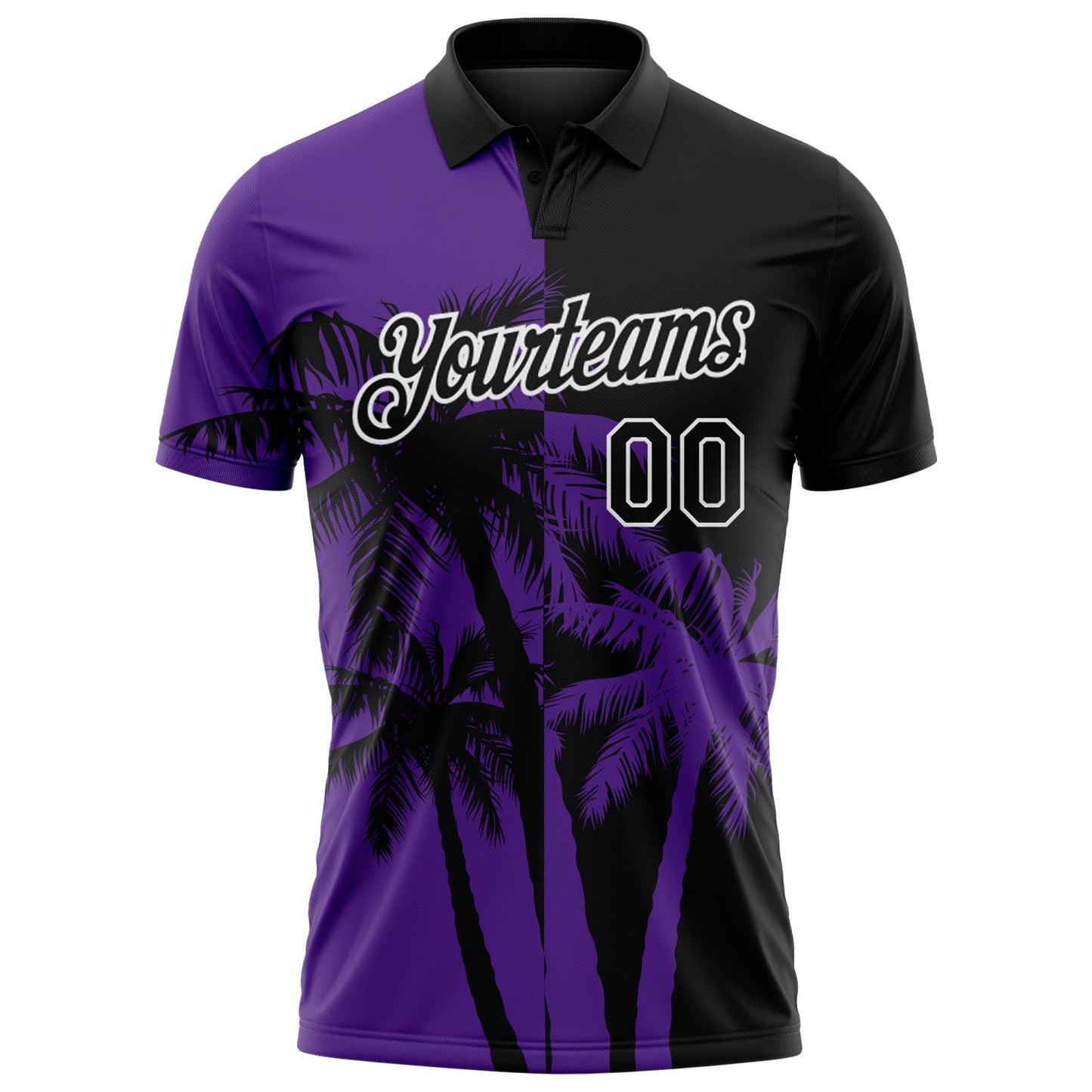Custom Black Purple-White Hawaii Tropical Coastal Palm Trees Performance Polo Shirt view 2