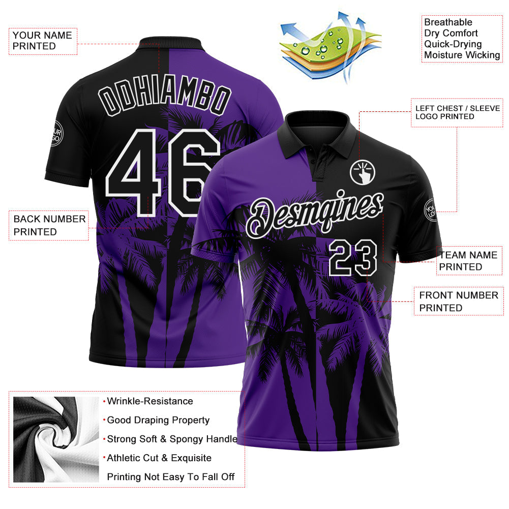 Custom Black Purple-White Hawaii Tropical Coastal Palm Trees Performance Polo Shirt view 3