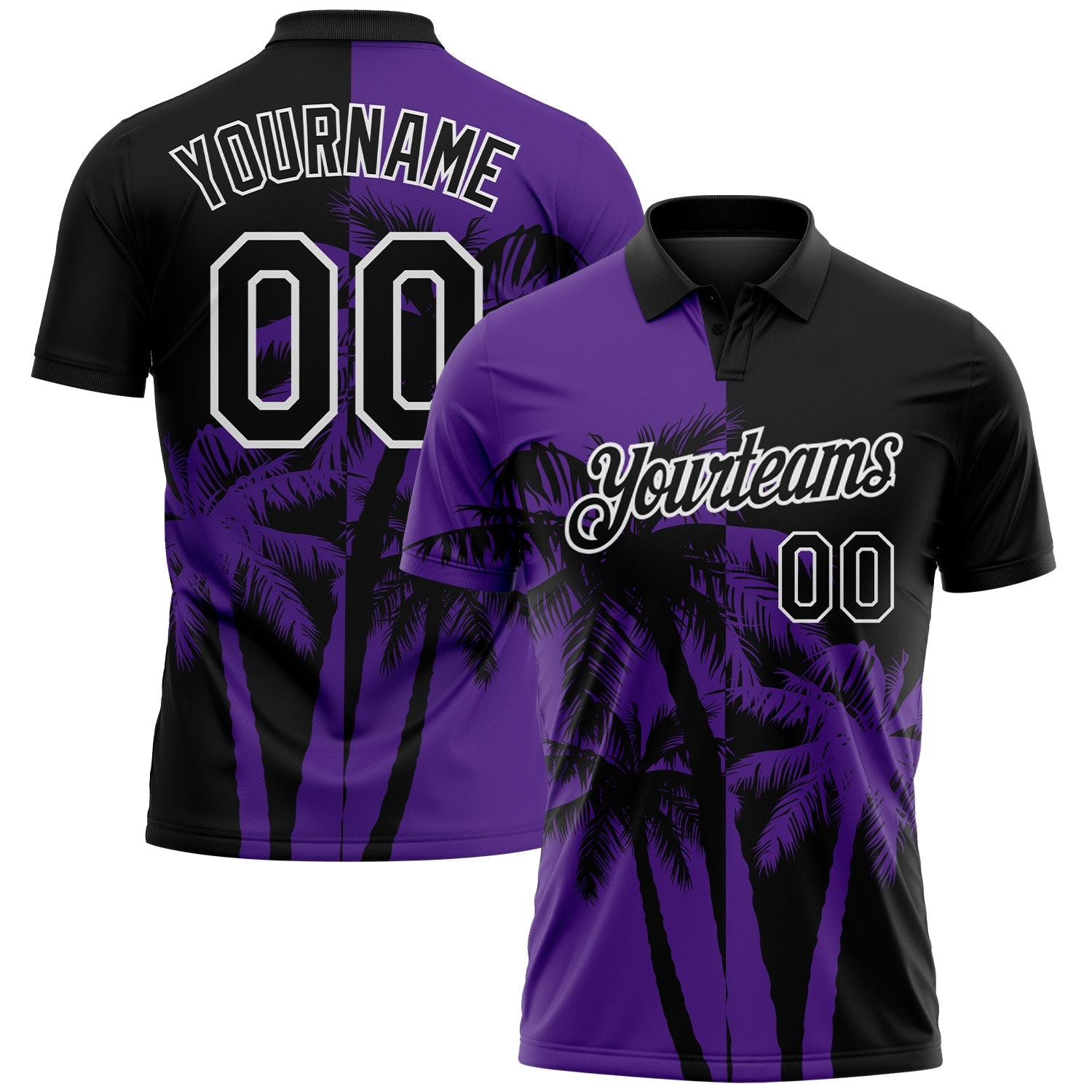 Custom Black Purple-White Hawaii Tropical Coastal Palm Trees Performance Polo Shirt - Main View