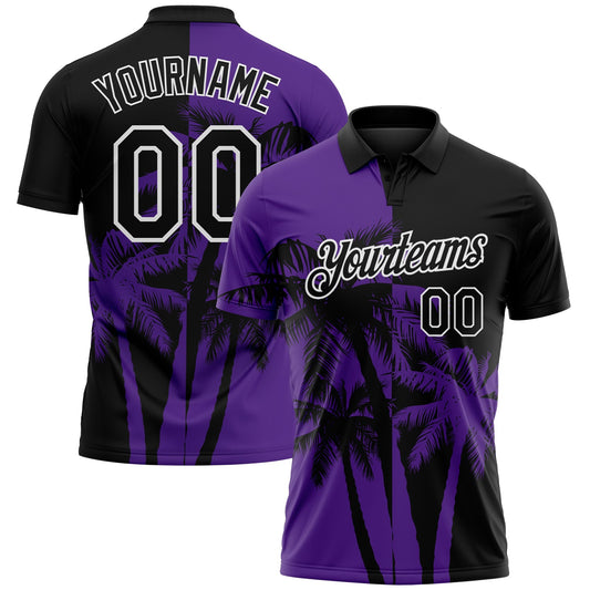 Custom Black Purple-White Hawaii Tropical Coastal Palm Trees Performance Polo Shirt - Main View