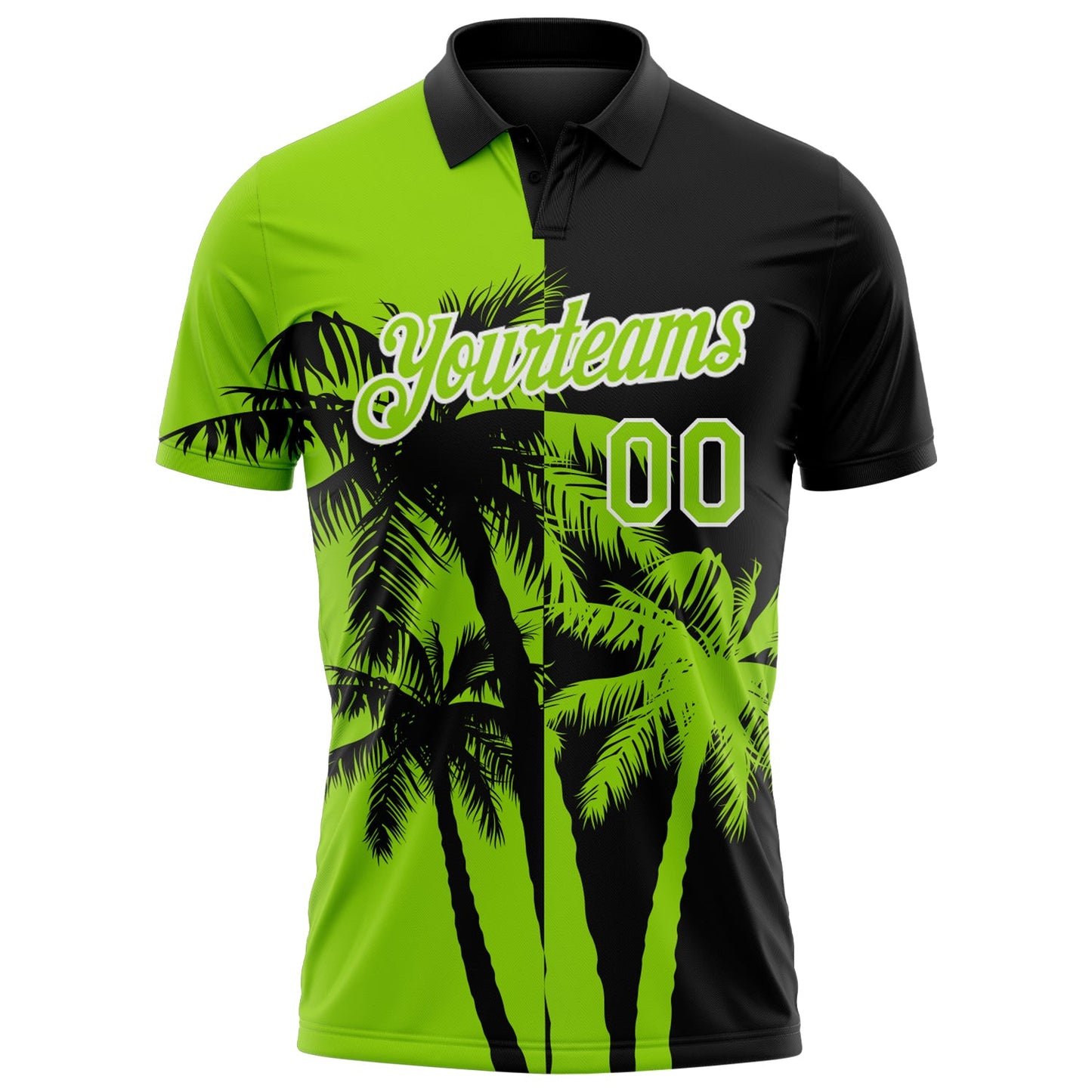 Custom Black Neon Green-White Hawaii Tropical Coastal Palm Trees Performance Polo Shirt view 2