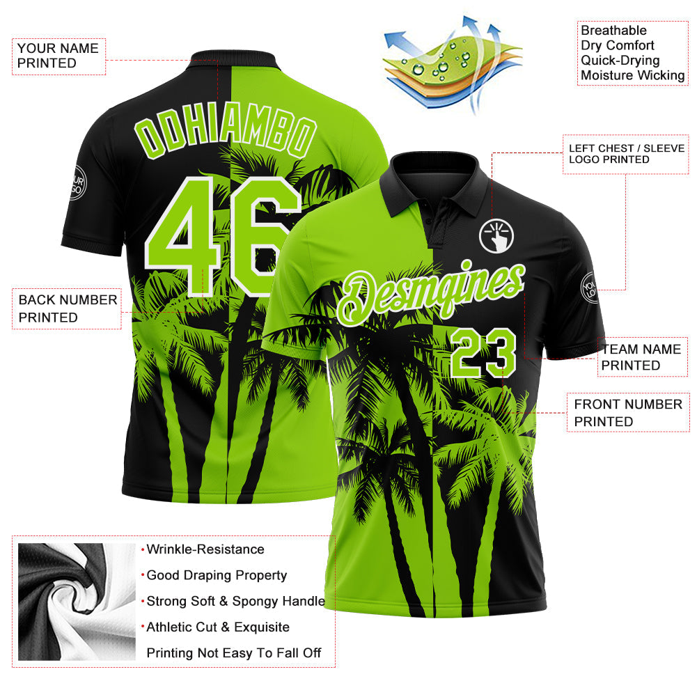 Custom Black Neon Green-White Hawaii Tropical Coastal Palm Trees Performance Polo Shirt view 3