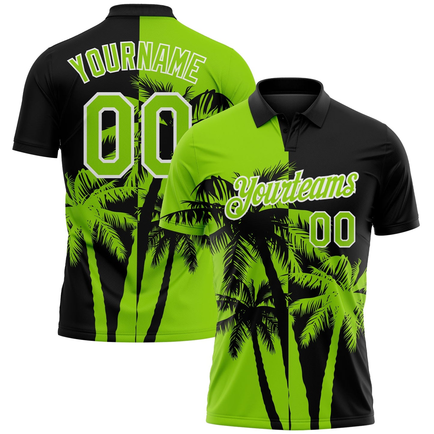 Custom Black Neon Green-White Hawaii Tropical Coastal Palm Trees Performance Polo Shirt - Main View