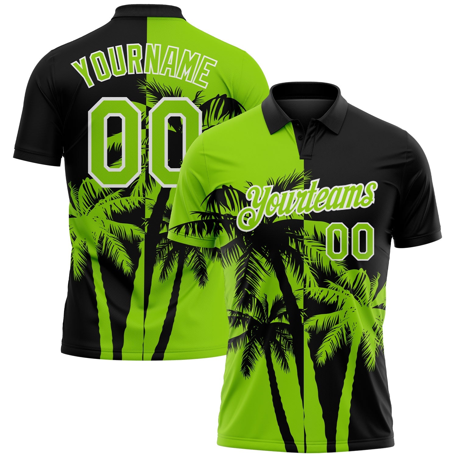 Custom Black Neon Green-White Hawaii Tropical Coastal Palm Trees Performance Polo Shirt - Main View
